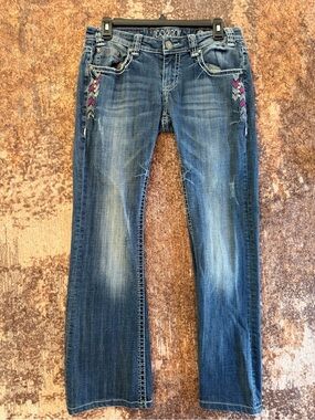 Rock & Roll Denim Cowgirl Blue Jeans with Pink Chevron Embroidery Y2K #0108